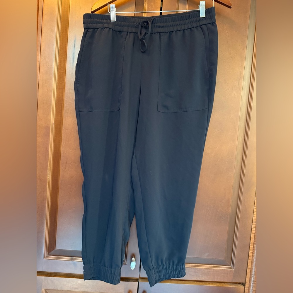 Ann Taylor Joggers Pants Womens petite  L Pull On Drawstring Pockets navy
